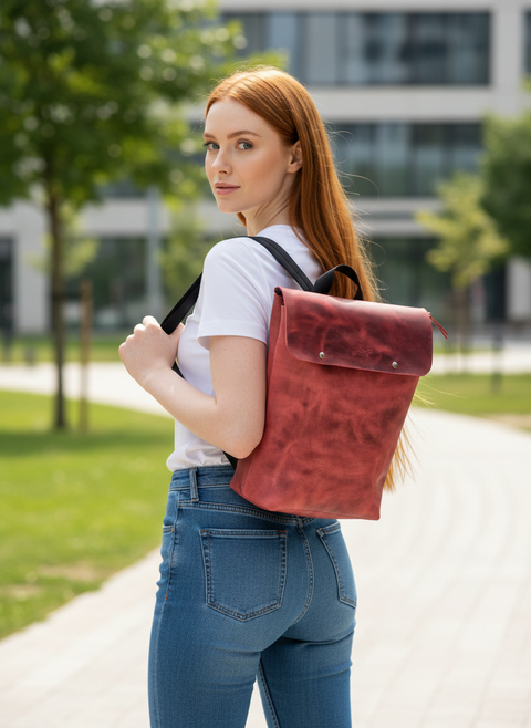 Red Leather Laptop Everyday Unisex Backpack - Handmade bags & jewelry Bags