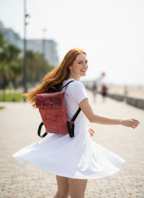 Red Leather Laptop Everyday Unisex Backpack