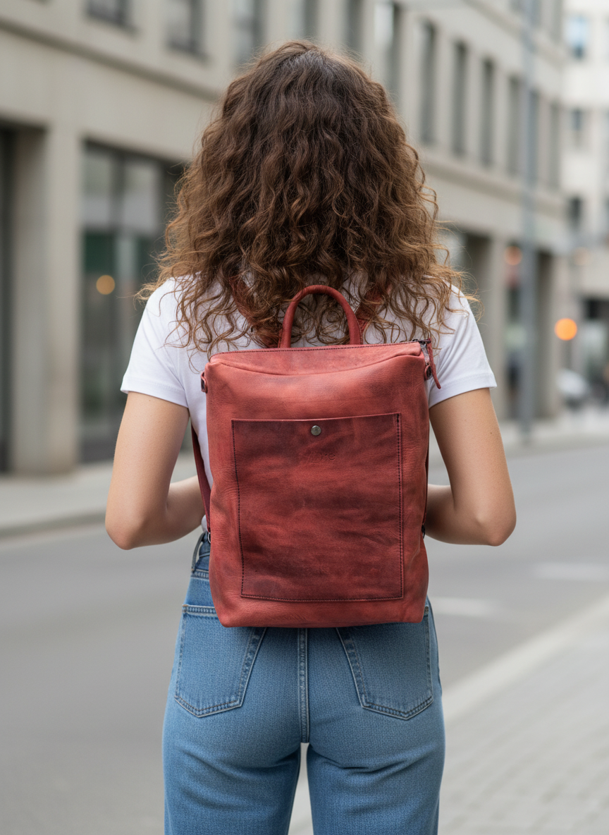 Red Oil-Tanned Leather Square Backpack – Handmade in Thassos