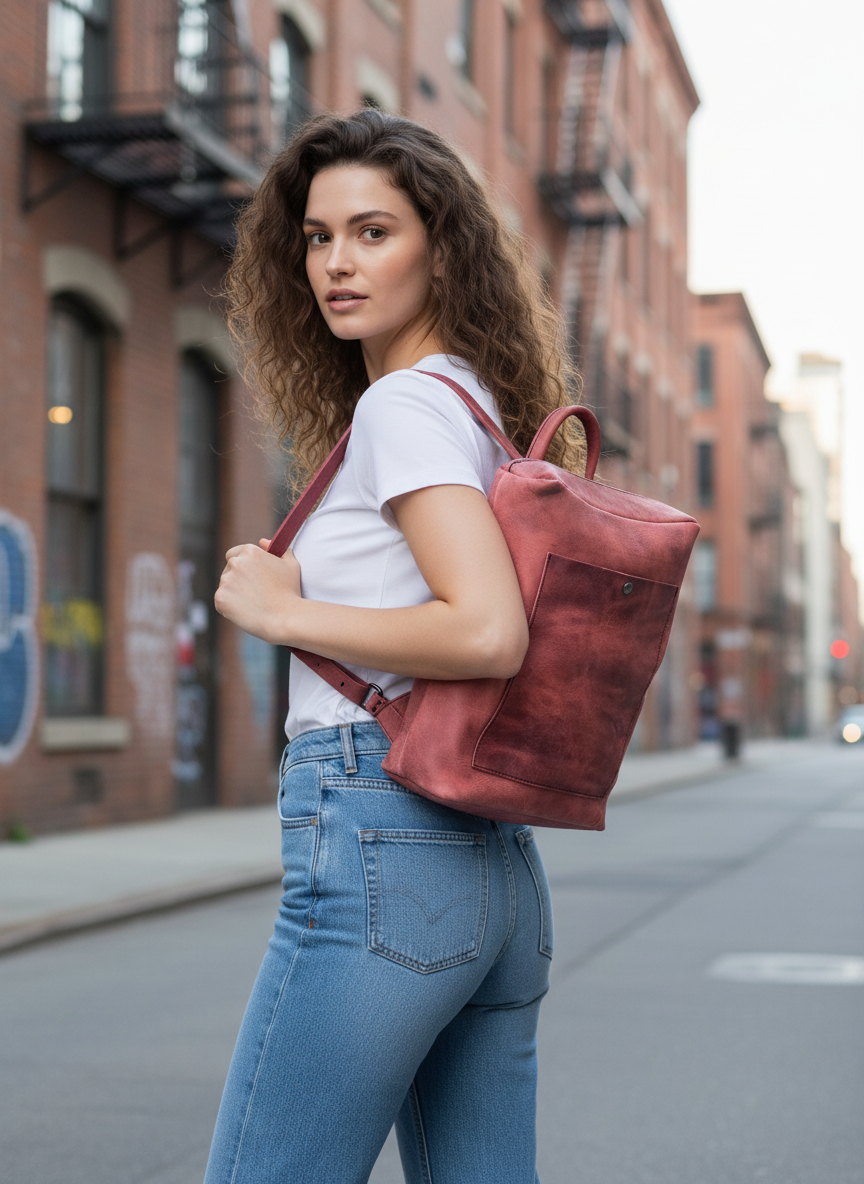 Red Oil-Tanned Leather Square Backpack – Handmade in Thassos