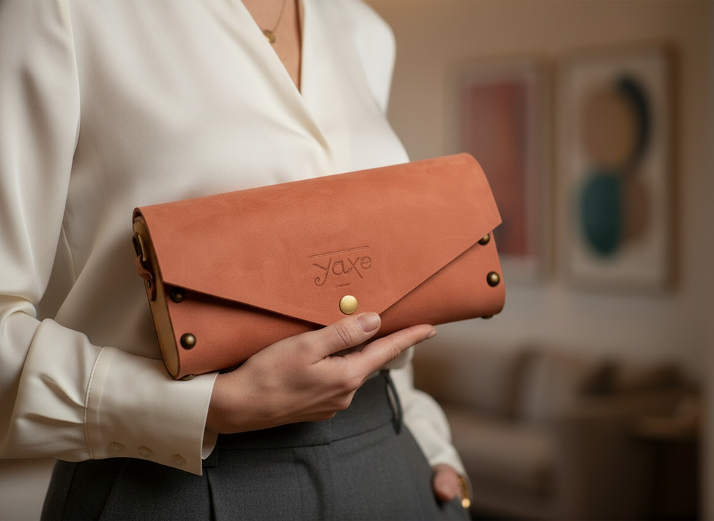 Terracotta small clutch women bag from leather and wood