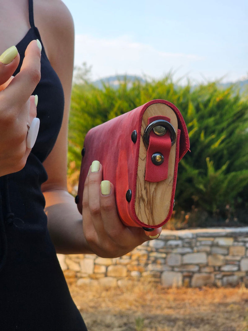 Red small clutch women bag from leather and wood