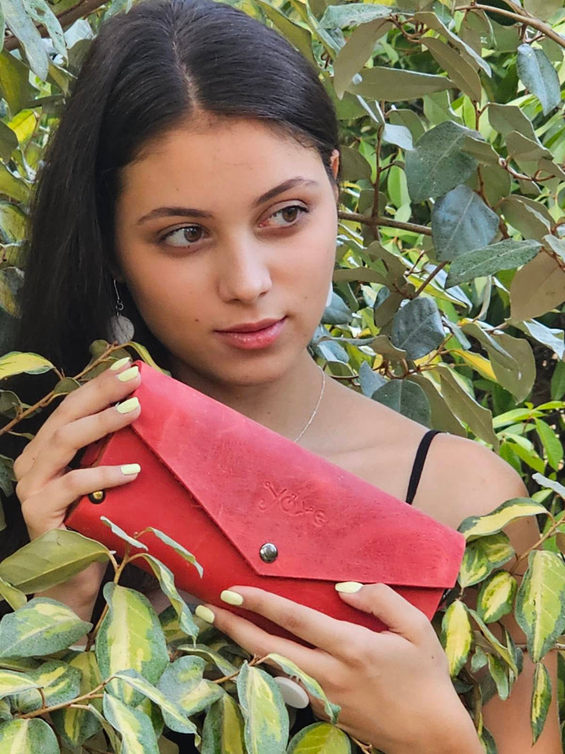 Red small clutch women bag from leather and wood - Handmade bags & jewelry Bags