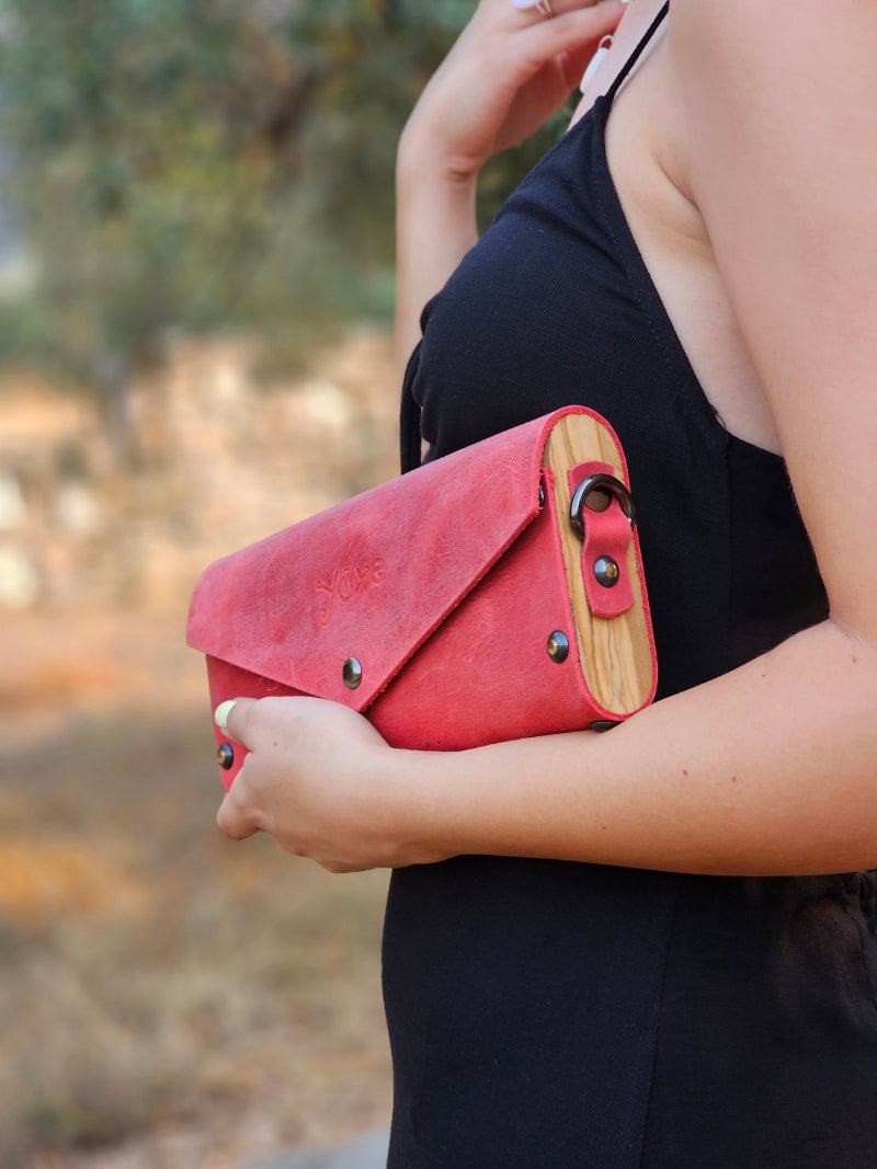 Red small clutch women bag from leather and wood