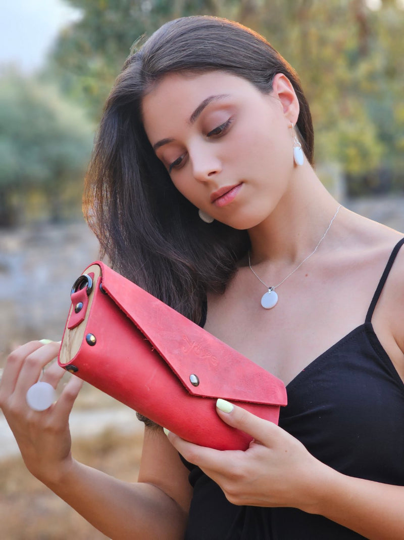 Red small clutch women bag from leather and wood
