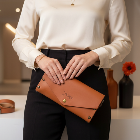 Whisky brown small clutch women bag from leather and wood - Handmade bags & jewelry Bags