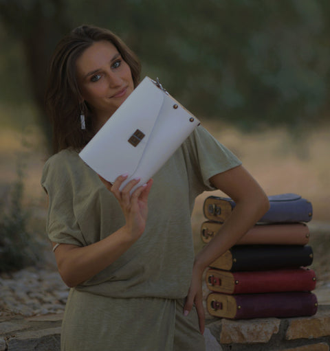 Sophisticated White Leather & Wood Accent Women's Handbag - Handmade bags & jewelry Bags