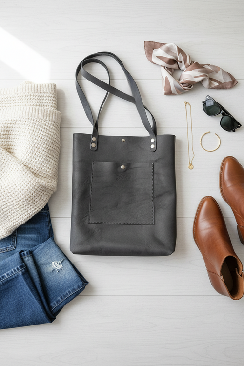 Gray leather shopping tote women's bag