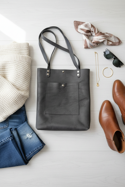 Gray leather shopping tote women's bag - Handmade bags & jewelry Bags