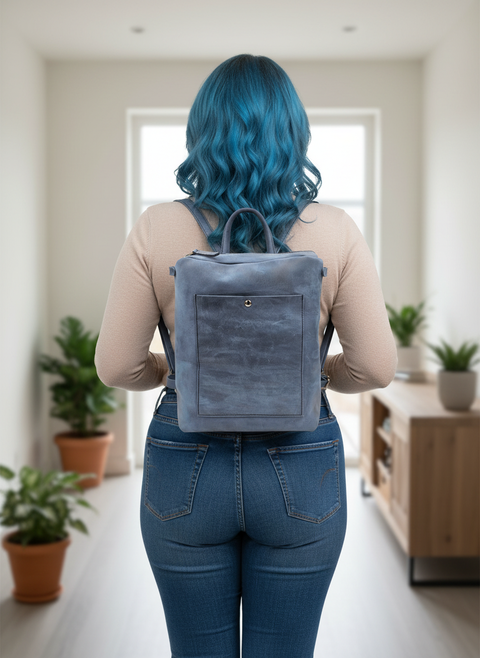 Yaxe Blue Artisan Square Leather Backpack - Handmade bags & jewelry Bags
