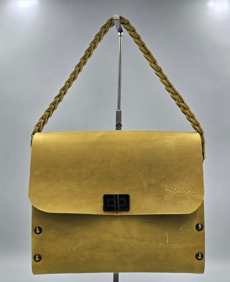 Yellow oil leather top handle bag and olive treee wood - Handmade bags & jewelry