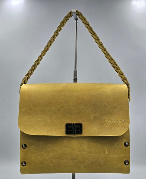 Yellow oil leather top handle bag and olive treee wood - Handmade bags & jewelry 