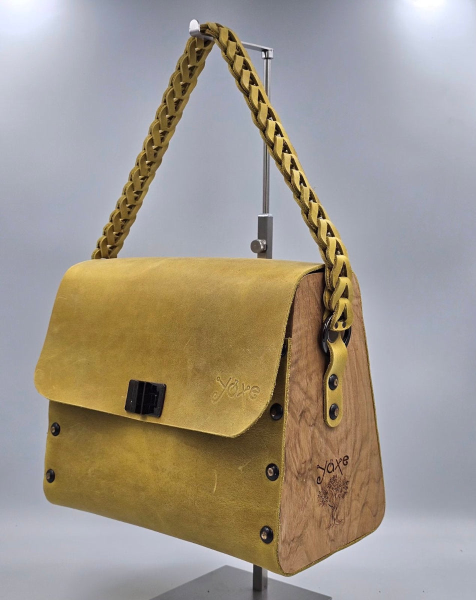 Yellow oil leather top handle bag and olive treee wood - Handmade bags & jewelry
