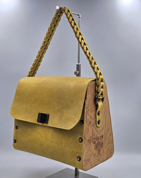 Yellow oil leather top handle bag and olive treee wood - Handmade bags & jewelry 