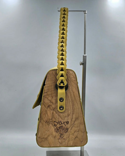 Yellow oil leather top handle bag and olive treee wood - Handmade bags & jewelry 