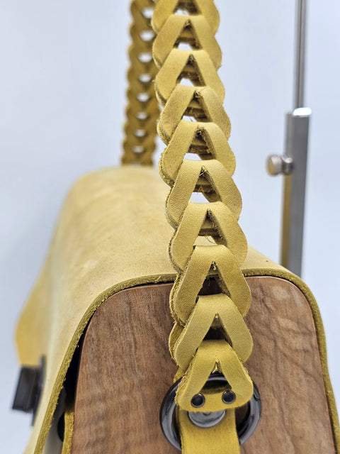 Yellow oil leather top handle bag and olive treee wood - Handmade bags & jewelry 