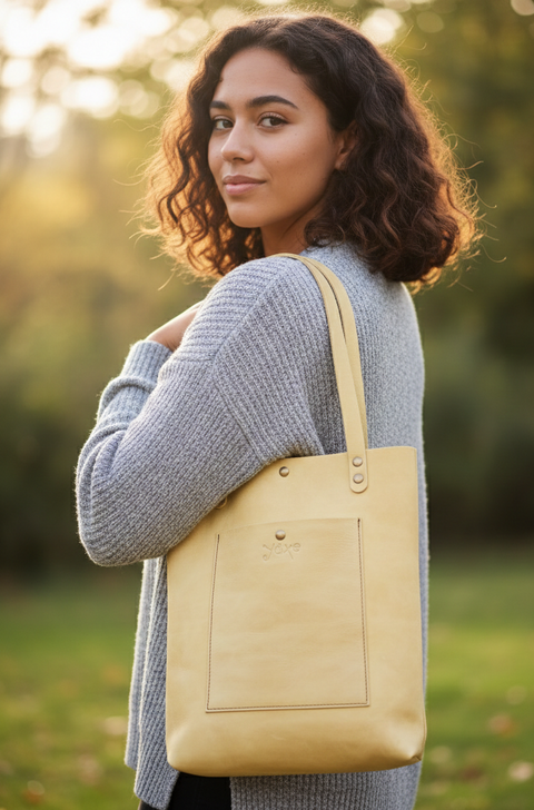 Yellow leather shopping tote women's bag - Handmade bags & jewelry Bags