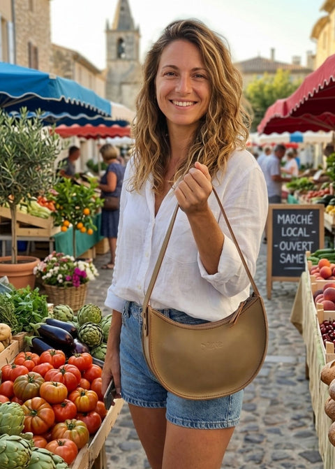 Handmade Beige Leather Half-Moon Bag – Timeless Minimalist Style