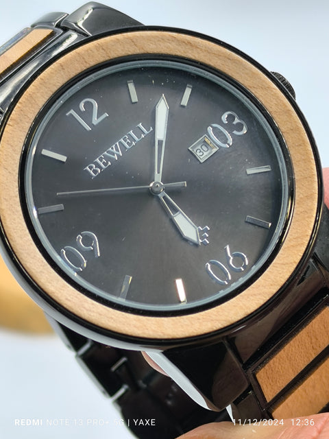 BEWELL Black Metal Mix  Wood Watch for Men