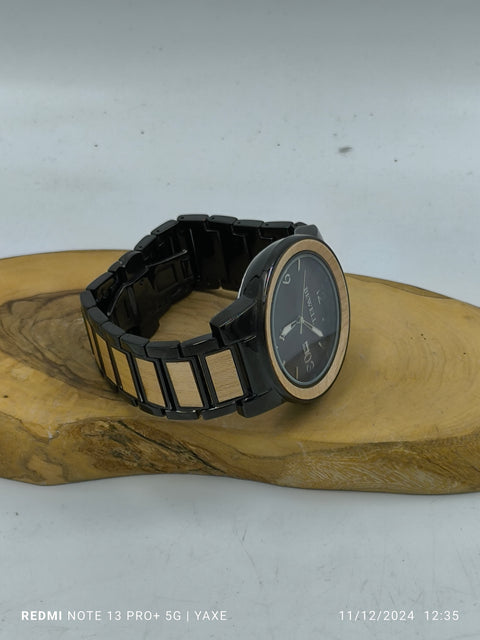 BEWELL Black Metal Mix  Wood Watch for Men