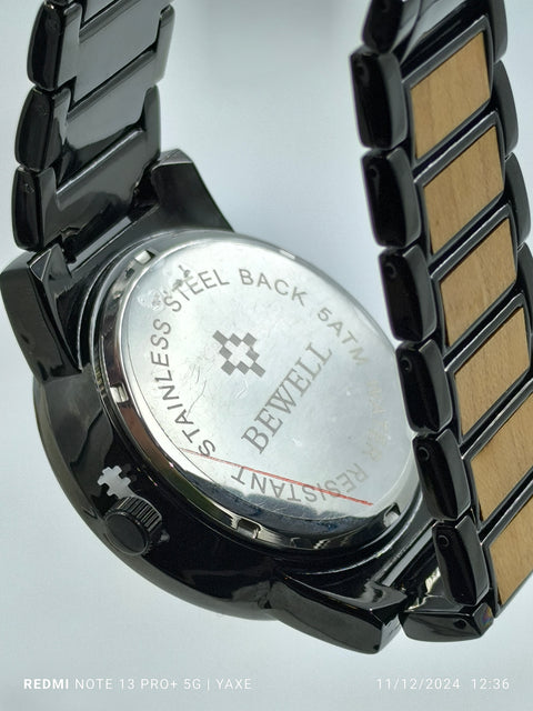 BEWELL Black Metal Mix  Wood Watch for Men