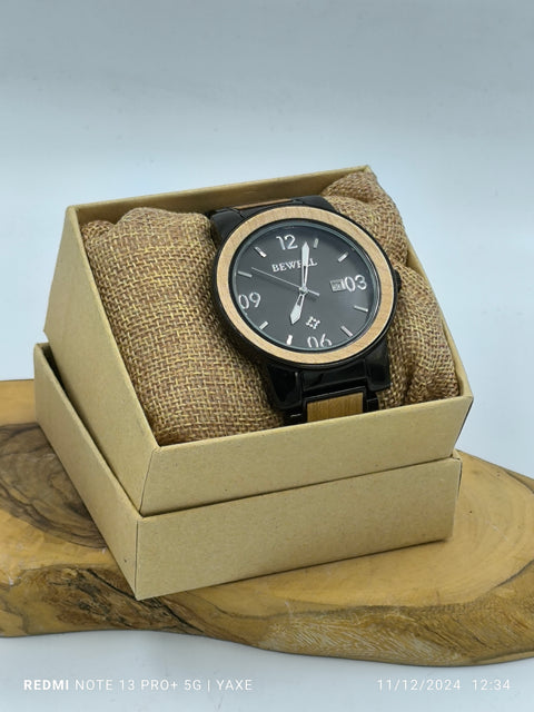 BEWELL Black Metal Mix  Wood Watch for Men