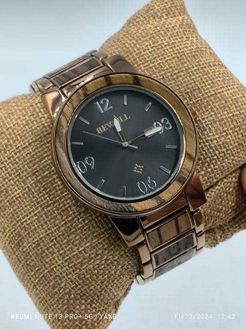 BEWELL Bronze Metal Mix Maple Wood Watch for Men