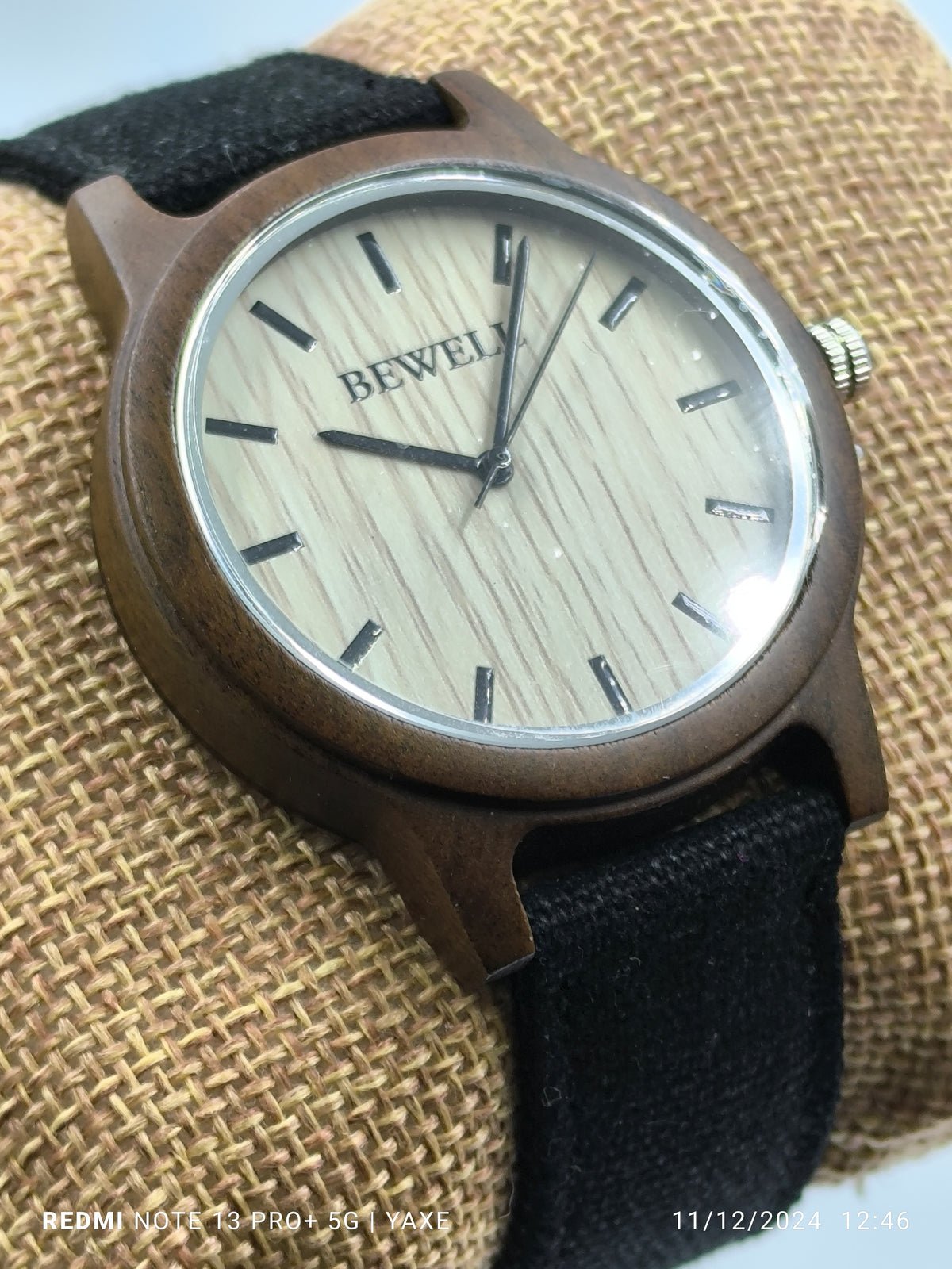 Unisex watch from black sandalwood case and canvas stripe - Handmade bags & jewelry Green Products