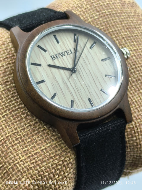 Unisex watch from black sandalwood case and canvas stripe