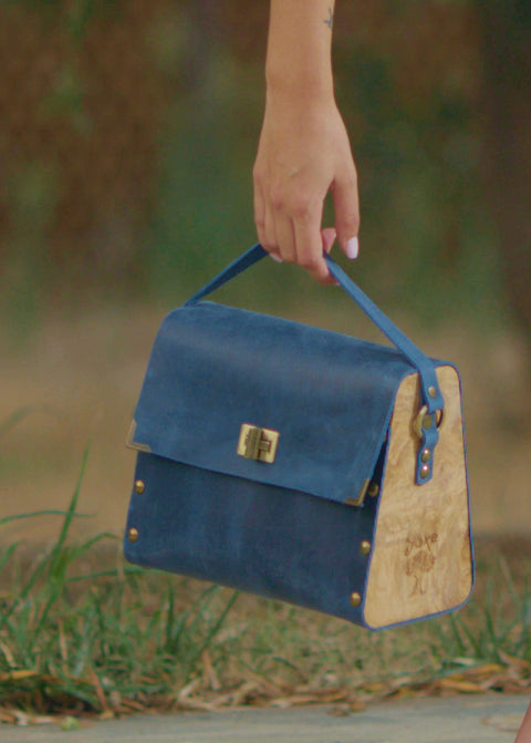 Blue oil leather top handle bag and olive treee wood - Handmade bags & jewelry 