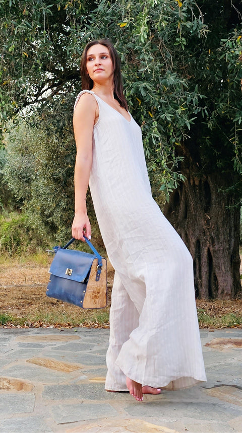 Blue oil leather top handle bag and olive treee wood - Handmade bags & jewelry 