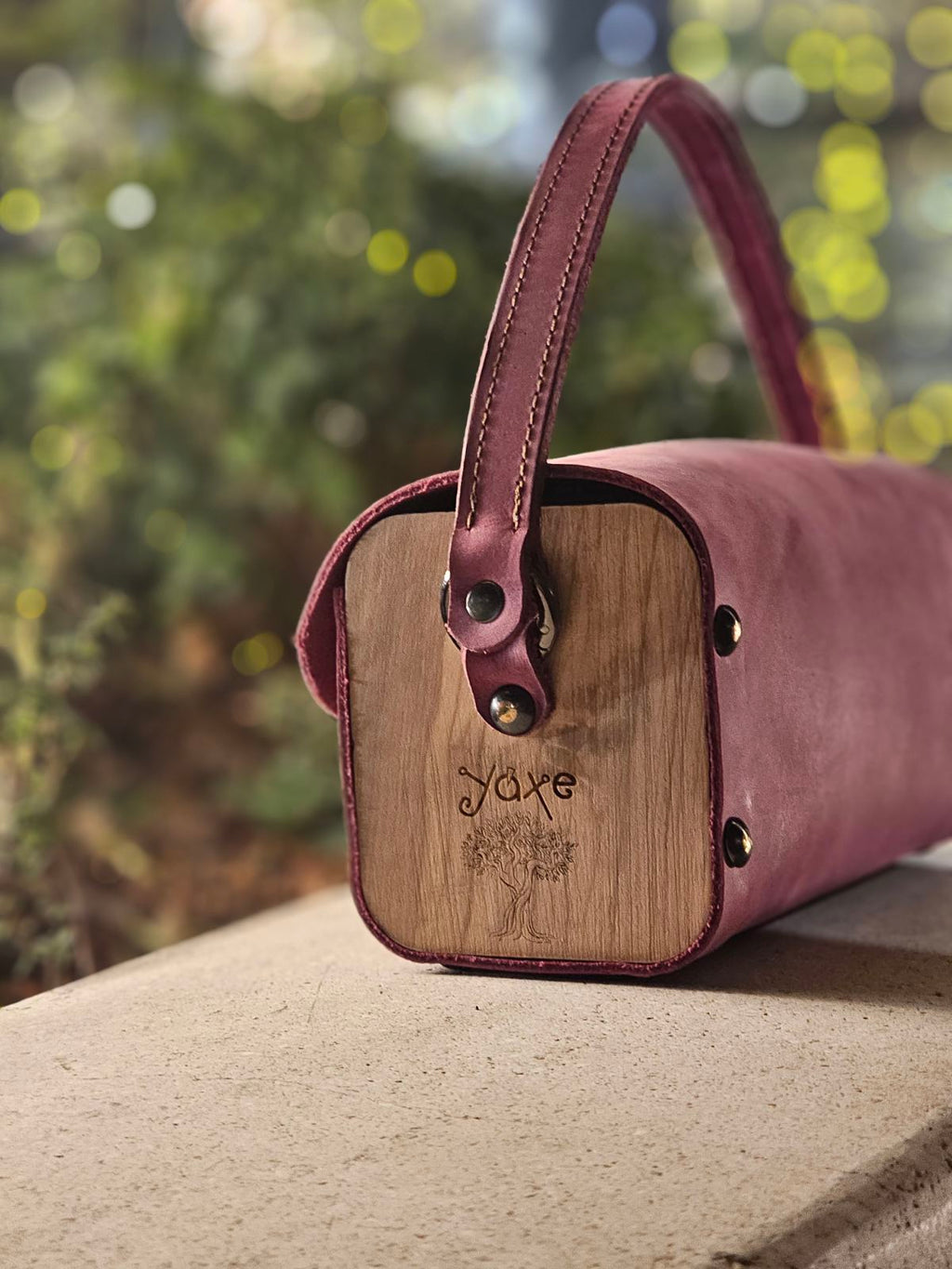 Δερμάτινη Τσάντα Box - Minaudiere με Ξύλο Ελιάς σε Μωβ Nubuck
