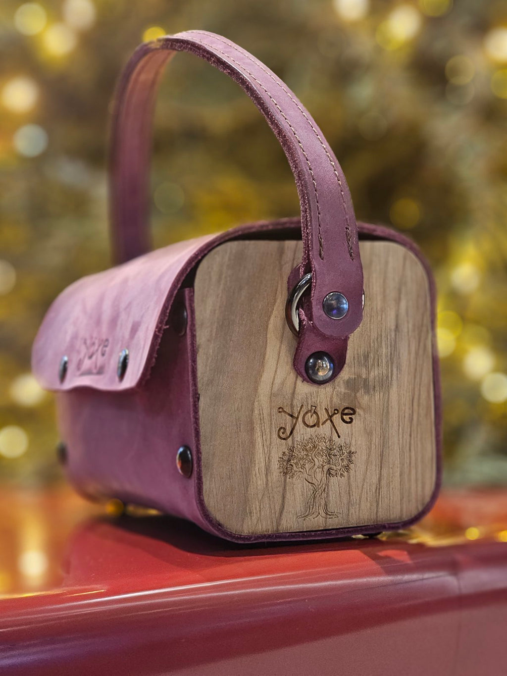 Δερμάτινη Τσάντα Box - Minaudiere με Ξύλο Ελιάς σε Μωβ Nubuck