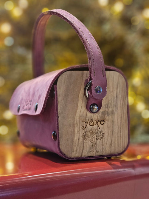 Δερμάτινη Τσάντα Box - Minaudiere με Ξύλο Ελιάς σε Μωβ Nubuck