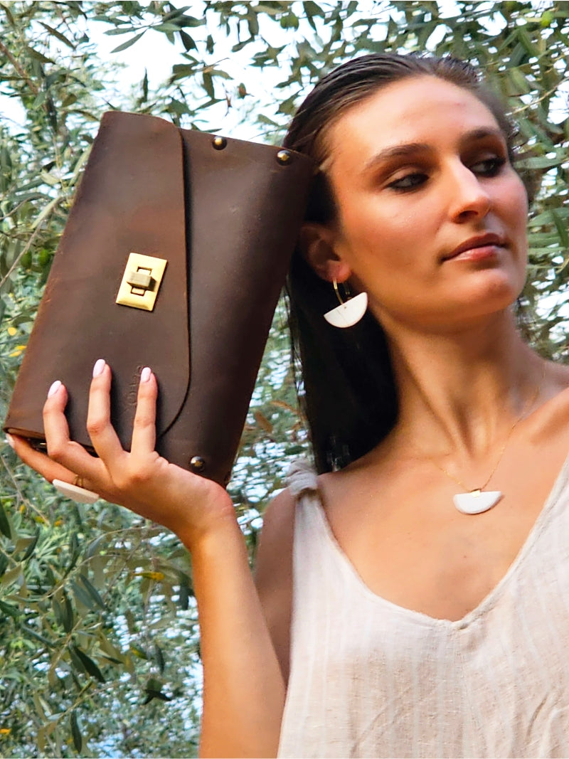 Crazy horse brown Leather & Olive Wood Women's clutch bag - Handmade bags & jewelry Bags