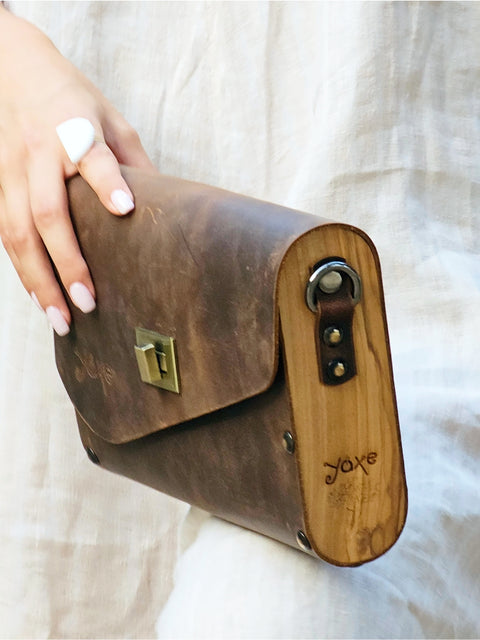 Crazy horse brown Leather & Olive Wood Women's clutch bag - Handmade bags & jewelry Bags