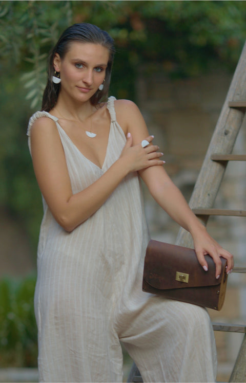 Crazy horse brown Leather & Olive Wood Women's clutch bag - Handmade bags & jewelry Bags