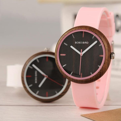 Pink silicone band women wood watch