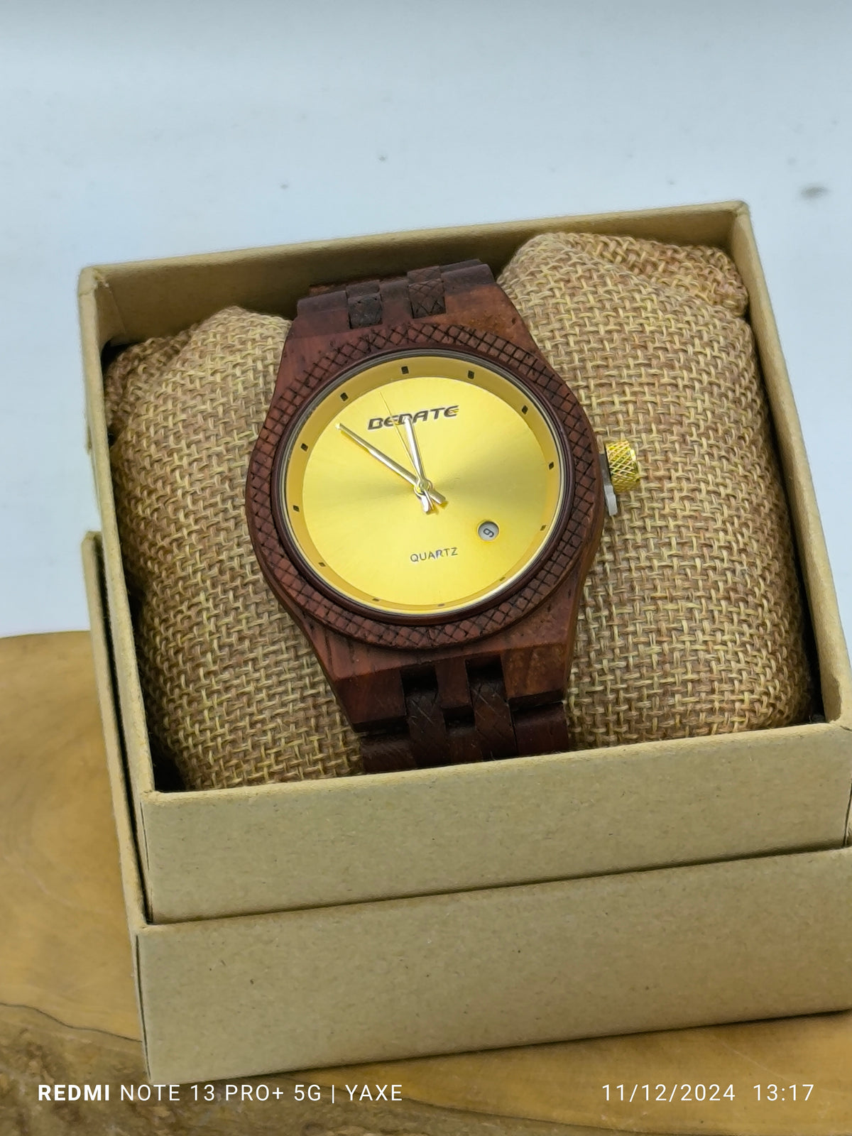 Men's wooden watch with bamboo wood bracelet  & gold frame - Handmade bags & jewelry Green Products