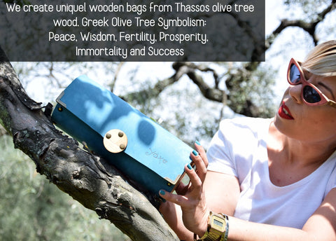 Blue cylinder leather and wood women bag - Handmade bags & jewelry Bags