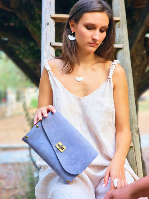 Jean nubuck Leather & Wood Accent Women's Crossbody clutch bag - Handmade bags & jewelry Bags