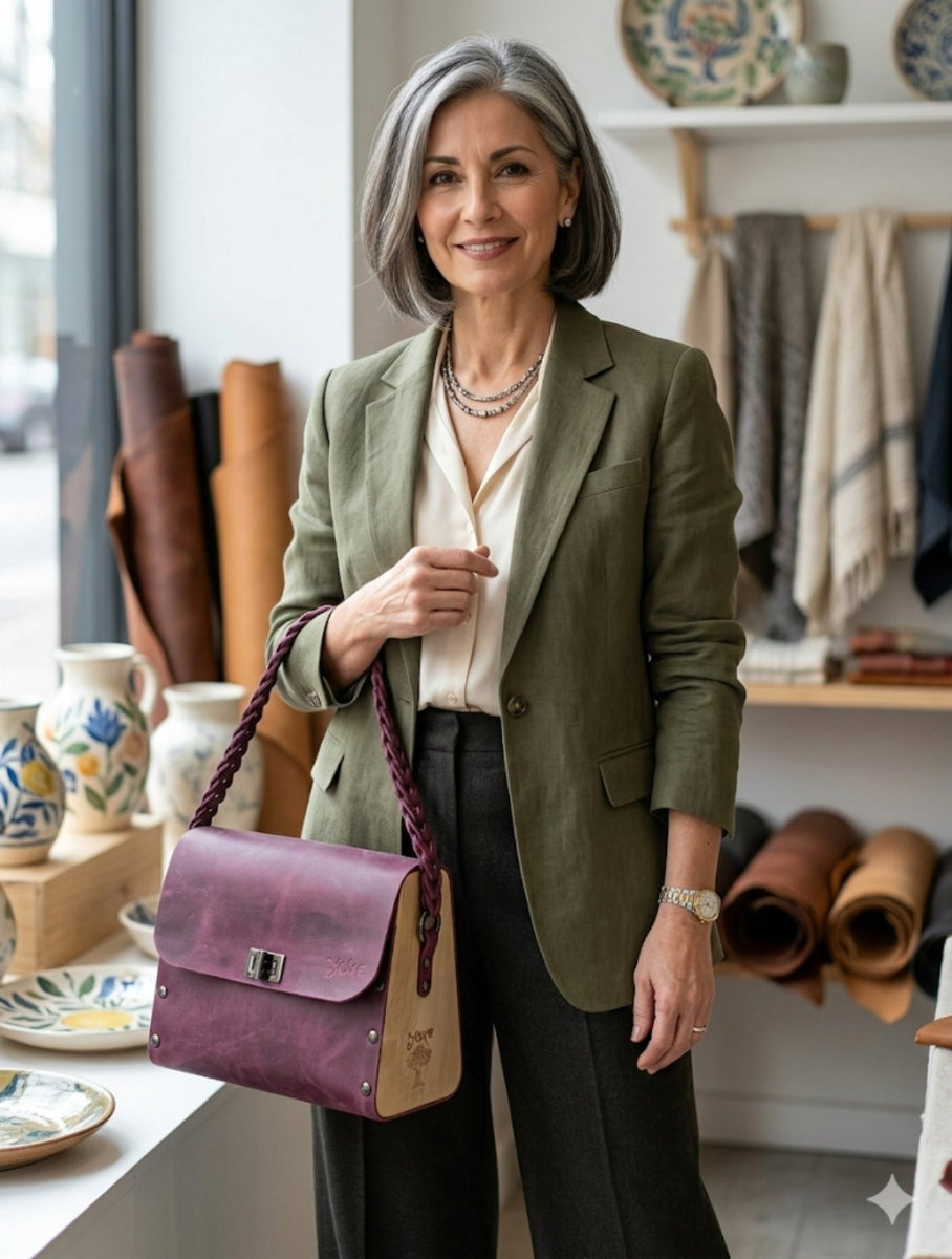 Magenta oil tanned leather top handle bag with olive treee wood - Handmade bags & jewelry