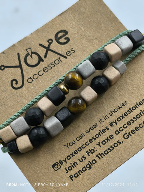 Triple ceramic beads men's bracelet, Nature