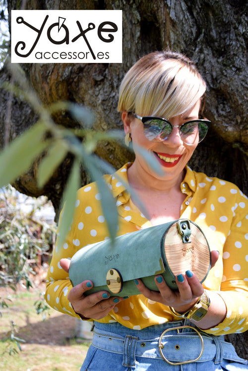 Mint green cylinder leather and wood women bag - Handmade bags & jewelry Bags