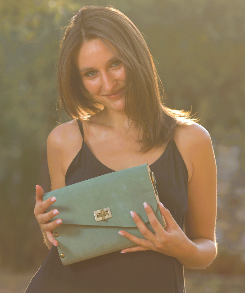 Olive Wood & Mint Nubuck Leather Women's Crossbody Clutch