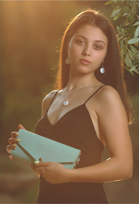 Mint small clutch women bag from leather and wood - Handmade bags & jewelry Bags