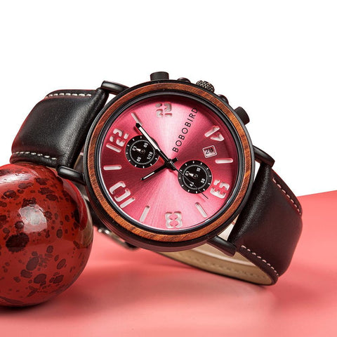 Stylish men's wooden watch with genuine black leather strap