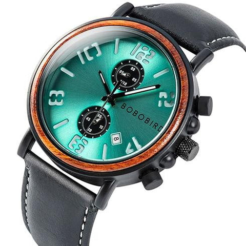 Stylish green men's wooden watch with genuine black leather strap