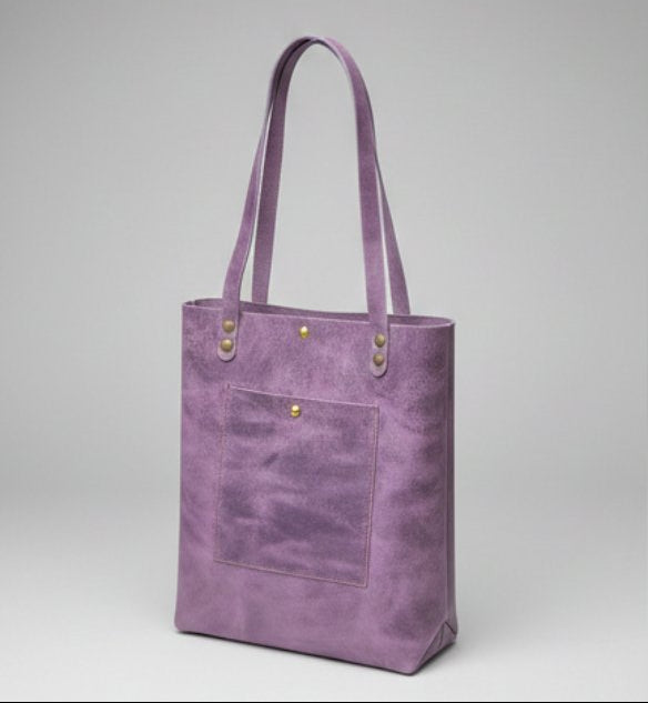 A purple leather tote bag shown from three angles in a three-panel layout against a neutral gray studio background.