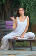 Purple oil leather top handle bag and olive treee wood - Handmade bags & jewelry
